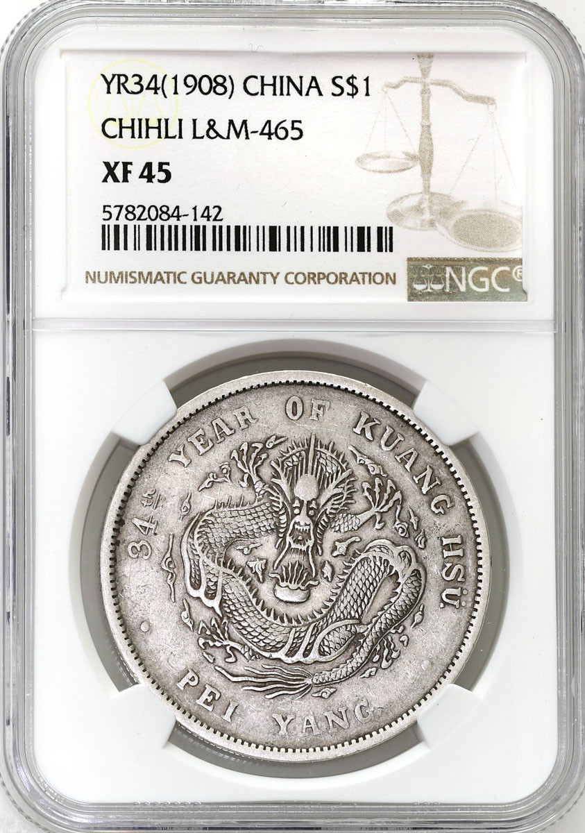 Chiny, Chihli. Dolar Yr. 34 (1908) NGC XF45 - RZADKI